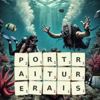 Illustration créative d'un jeu de lettres avec le mot PORTRAITURERAIS épelé sur le plateau.