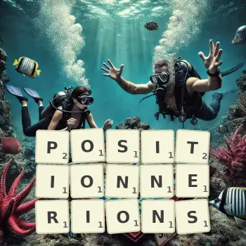 Illustration créative d'un jeu de lettres avec le mot POSITIONNERIONS épelé sur le plateau.