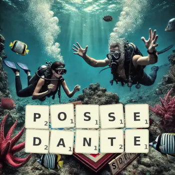 Illustration créative d'un jeu de lettres avec le mot POSSEDANTE épelé sur le plateau.
