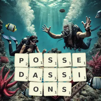 Illustration créative d'un jeu de lettres avec le mot POSSEDASSIONS épelé sur le plateau.