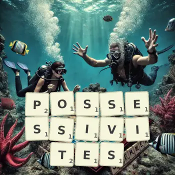 Illustration créative d'un jeu de lettres avec le mot POSSESSIVITES épelé sur le plateau.