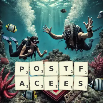 Illustration créative d'un jeu de lettres avec le mot POSTFACEES épelé sur le plateau.