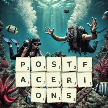 Illustration créative d'un jeu de lettres avec le mot POSTFACERIONS épelé sur le plateau.
