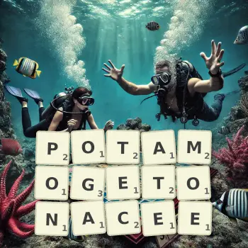 Illustration créative d'un jeu de lettres avec le mot POTAMOGETONACEE épelé sur le plateau.
