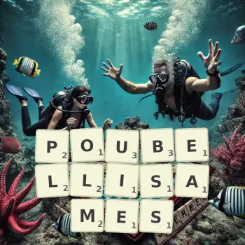 Illustration créative d'un jeu de lettres avec le mot POUBELLISAMES épelé sur le plateau.