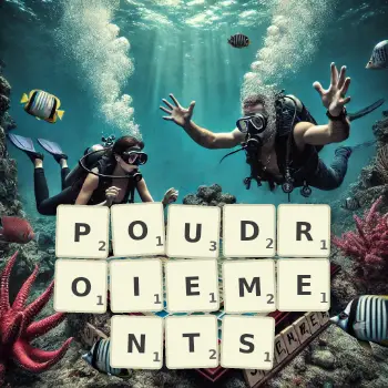 Illustration créative d'un jeu de lettres avec le mot POUDROIEMENTS épelé sur le plateau.