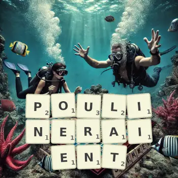 Illustration créative d'un jeu de lettres avec le mot POULINERAIENT épelé sur le plateau.