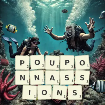 Illustration créative d'un jeu de lettres avec le mot POUPONNASSIONS épelé sur le plateau.