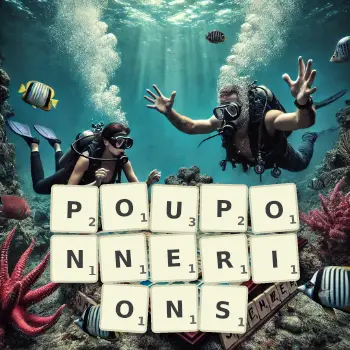 Illustration créative d'un jeu de lettres avec le mot POUPONNERIONS épelé sur le plateau.