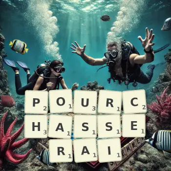 Illustration créative d'un jeu de lettres avec le mot POURCHASSERAI épelé sur le plateau.
