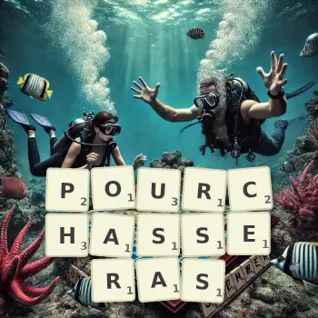 Illustration créative d'un jeu de lettres avec le mot POURCHASSERAS épelé sur le plateau.