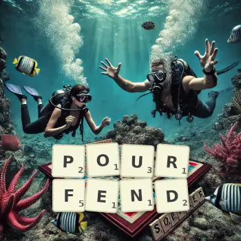 Illustration créative d'un jeu de lettres avec le mot POURFEND épelé sur le plateau.