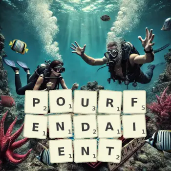 Illustration créative d'un jeu de lettres avec le mot POURFENDAIENT épelé sur le plateau.
