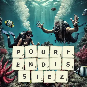 Illustration créative d'un jeu de lettres avec le mot POURFENDISSIEZ épelé sur le plateau.