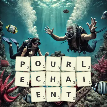 Illustration créative d'un jeu de lettres avec le mot POURLECHAIENT épelé sur le plateau.