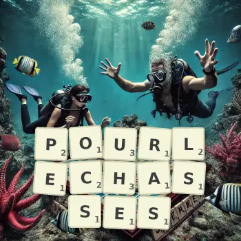 Illustration créative d'un jeu de lettres avec le mot POURLECHASSES épelé sur le plateau.