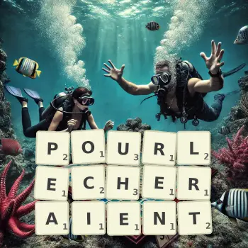 Illustration créative d'un jeu de lettres avec le mot POURLECHERAIENT épelé sur le plateau.
