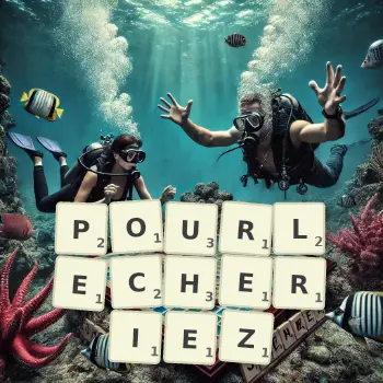 Illustration créative d'un jeu de lettres avec le mot POURLECHERIEZ épelé sur le plateau.