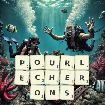 Illustration créative d'un jeu de lettres avec le mot POURLECHERONS épelé sur le plateau.