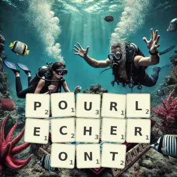 Illustration créative d'un jeu de lettres avec le mot POURLECHERONT épelé sur le plateau.