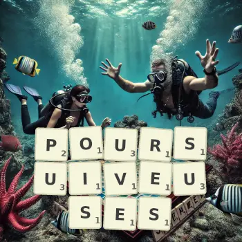 Illustration créative d'un jeu de lettres avec le mot POURSUIVEUSES épelé sur le plateau.