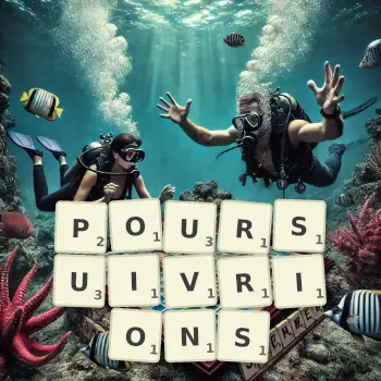 Illustration créative d'un jeu de lettres avec le mot POURSUIVRIONS épelé sur le plateau.