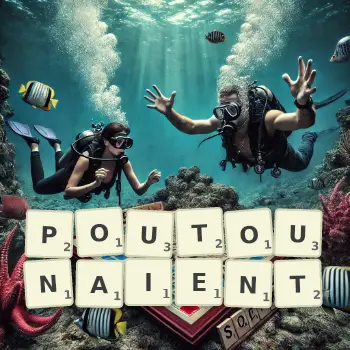 Illustration créative d'un jeu de lettres avec le mot POUTOUNAIENT épelé sur le plateau.