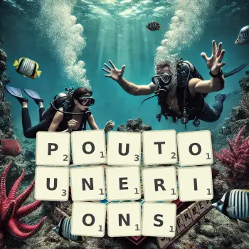 Illustration créative d'un jeu de lettres avec le mot POUTOUNERIONS épelé sur le plateau.