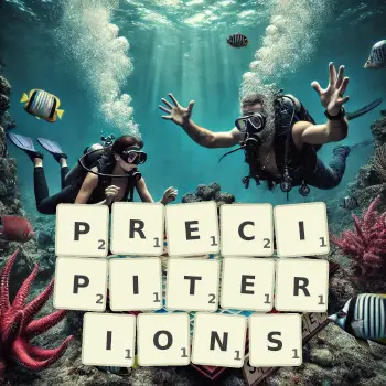 Illustration créative d'un jeu de lettres avec le mot PRECIPITERIONS épelé sur le plateau.