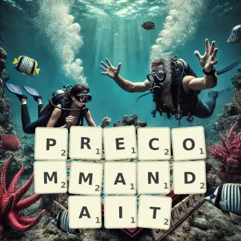 Illustration créative d'un jeu de lettres avec le mot PRECOMMANDAIT épelé sur le plateau.