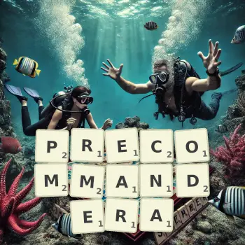 Illustration créative d'un jeu de lettres avec le mot PRECOMMANDERA épelé sur le plateau.