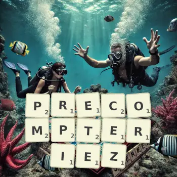 Illustration créative d'un jeu de lettres avec le mot PRECOMPTERIEZ épelé sur le plateau.