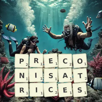 Illustration créative d'un jeu de lettres avec le mot PRECONISATRICES épelé sur le plateau.