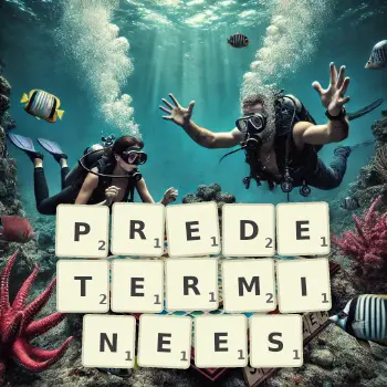 Illustration créative d'un jeu de lettres avec le mot PREDETERMINEES épelé sur le plateau.