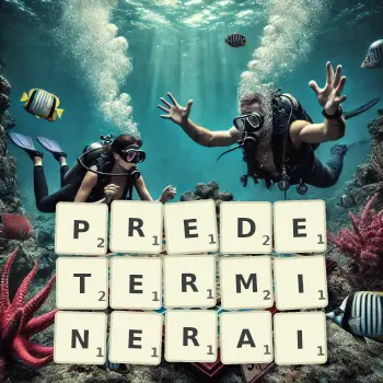 Illustration créative d'un jeu de lettres avec le mot PREDETERMINERAI épelé sur le plateau.