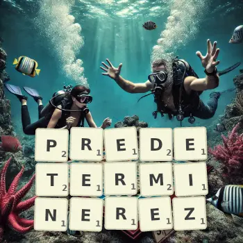 Illustration créative d'un jeu de lettres avec le mot PREDETERMINEREZ épelé sur le plateau.