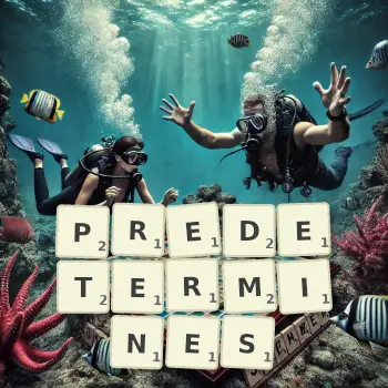 Illustration créative d'un jeu de lettres avec le mot PREDETERMINES épelé sur le plateau.