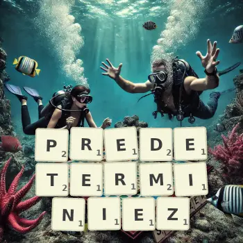 Illustration créative d'un jeu de lettres avec le mot PREDETERMINIEZ épelé sur le plateau.