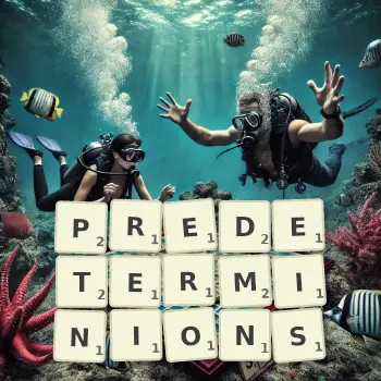 Illustration créative d'un jeu de lettres avec le mot PREDETERMINIONS épelé sur le plateau.