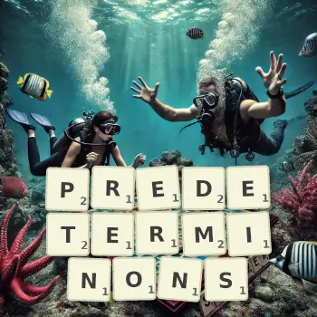 Illustration créative d'un jeu de lettres avec le mot PREDETERMINONS épelé sur le plateau.