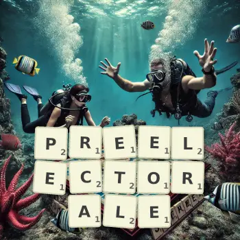 Illustration créative d'un jeu de lettres avec le mot PREELECTORALE épelé sur le plateau.