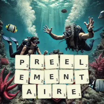 Illustration créative d'un jeu de lettres avec le mot PREELEMENTAIRE épelé sur le plateau.