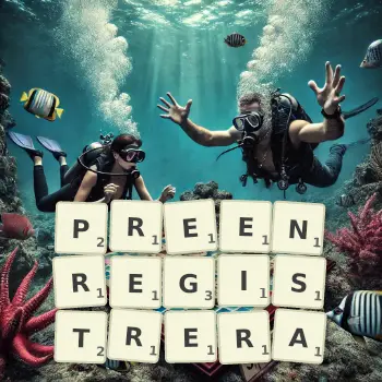 Illustration créative d'un jeu de lettres avec le mot PREENREGISTRERA épelé sur le plateau.