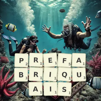 Illustration créative d'un jeu de lettres avec le mot PREFABRIQUAIS épelé sur le plateau.