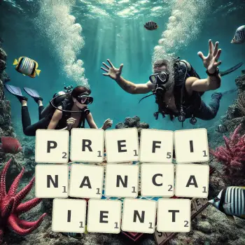 Illustration créative d'un jeu de lettres avec le mot PREFINANCAIENT épelé sur le plateau.