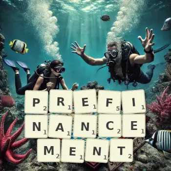 Illustration créative d'un jeu de lettres avec le mot PREFINANCEMENT épelé sur le plateau.