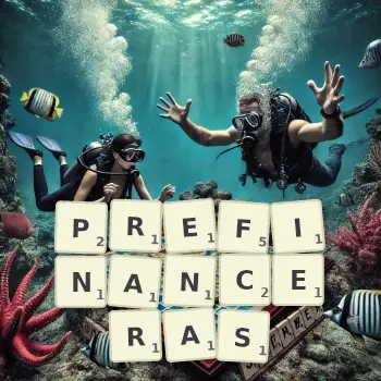 Illustration créative d'un jeu de lettres avec le mot PREFINANCERAS épelé sur le plateau.