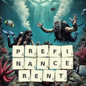 Illustration créative d'un jeu de lettres avec le mot PREFINANCERENT épelé sur le plateau.
