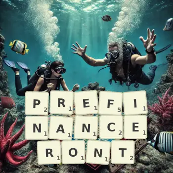 Illustration créative d'un jeu de lettres avec le mot PREFINANCERONT épelé sur le plateau.