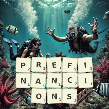 Illustration créative d'un jeu de lettres avec le mot PREFINANCIONS épelé sur le plateau.